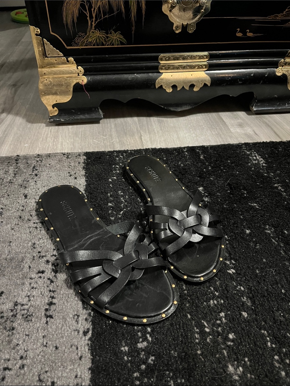 SCHUTZ Black Woven Knot Slide Sandals with Gold Studs
